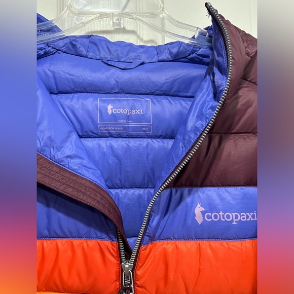 Cotopaxi Women's 1X Fuego Hooded Down Jacket Wine Stripes Maroon Blue NWT - Picture 4 of 15